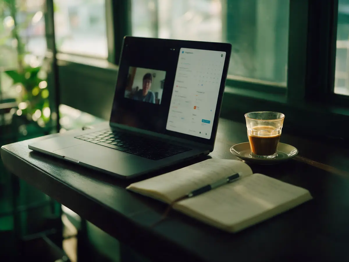 A laptop open to a video call and calendar booking, a glass of kopi and a notebook beside it