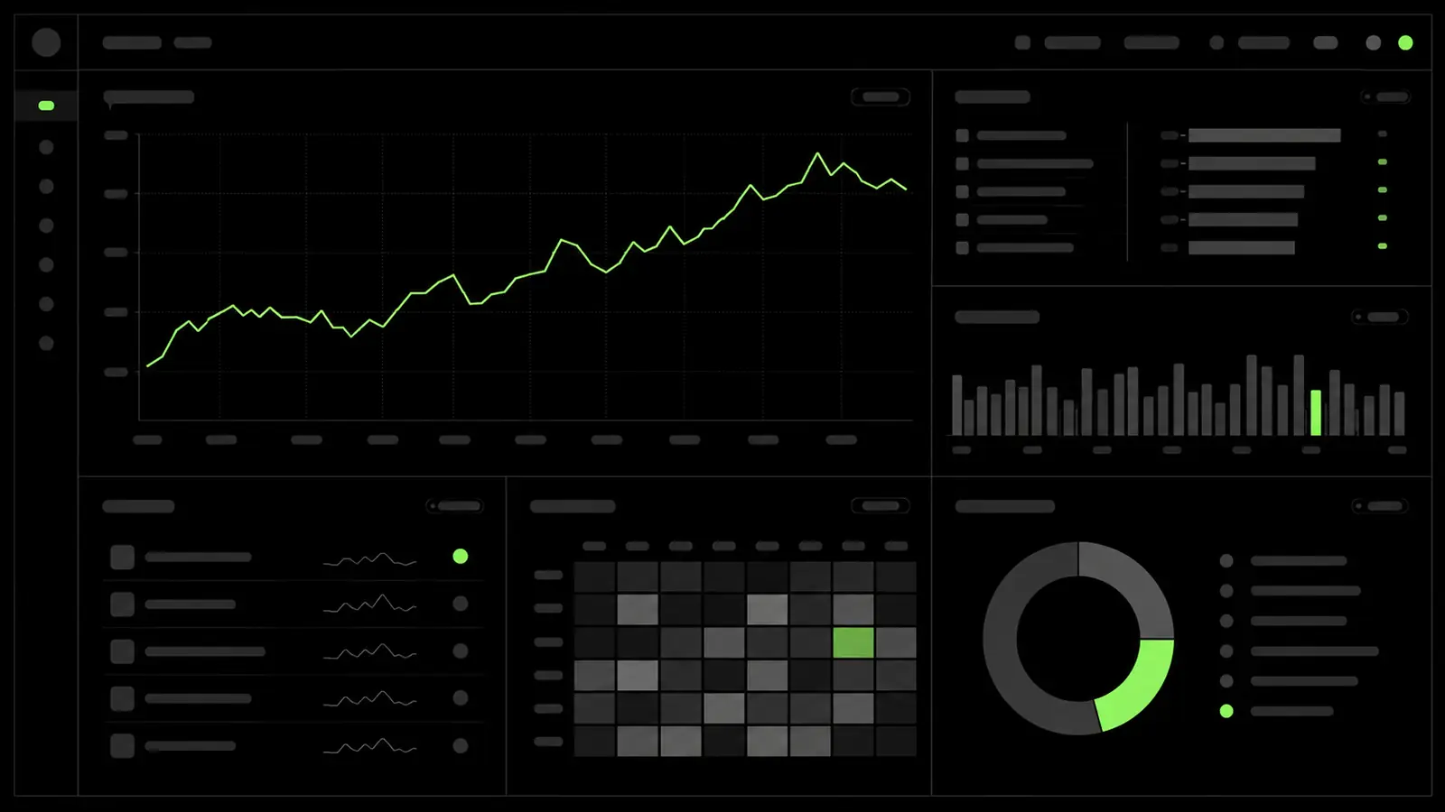 A dark analytics dashboard showing a single trend line, supporting bar charts and a completion ring.