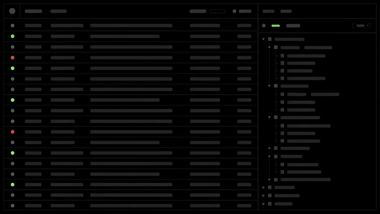 A tag debugger showing an event stream. Most rows are grey and inactive, a few fire green, and two show a red error state.