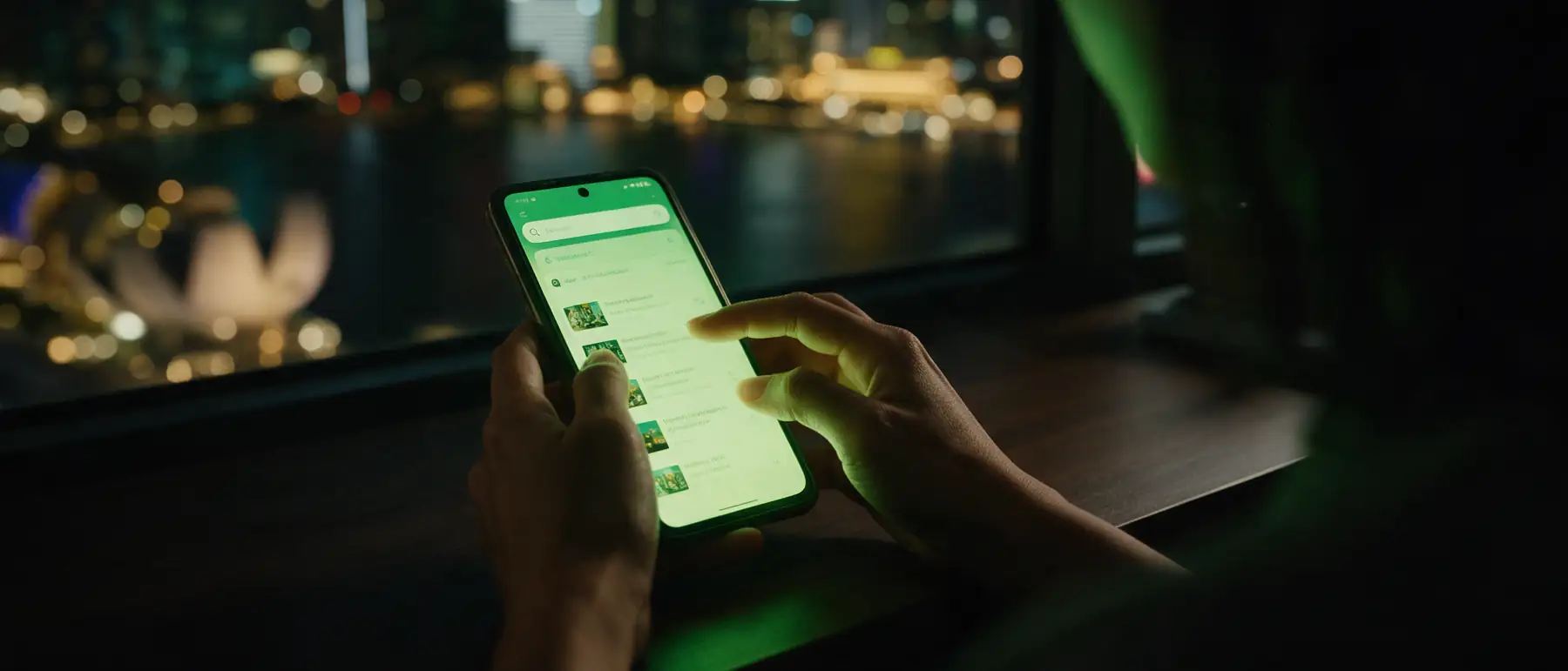 A Singapore business owner searching on a smartphone at night, Marina Bay lights behind