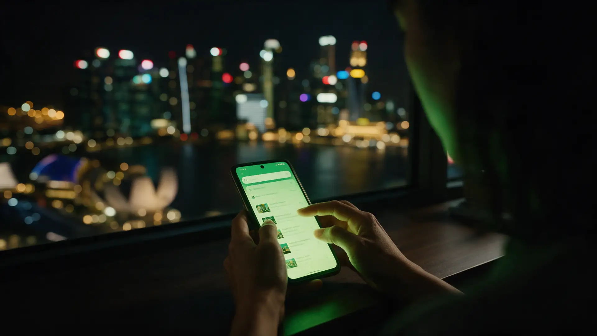 A Singapore business owner searching on a smartphone at night, Marina Bay lights behind