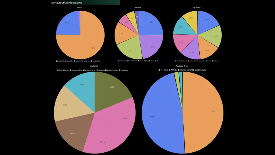 An audience dashboard of behaviour and demographic pie charts