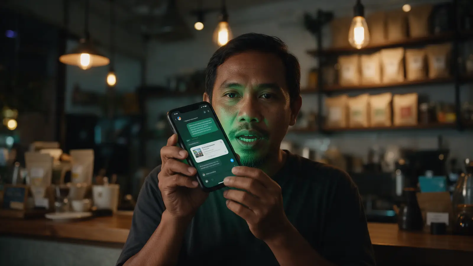 A Singapore cafe owner asking an AI assistant a question on his phone, the answer naming one business