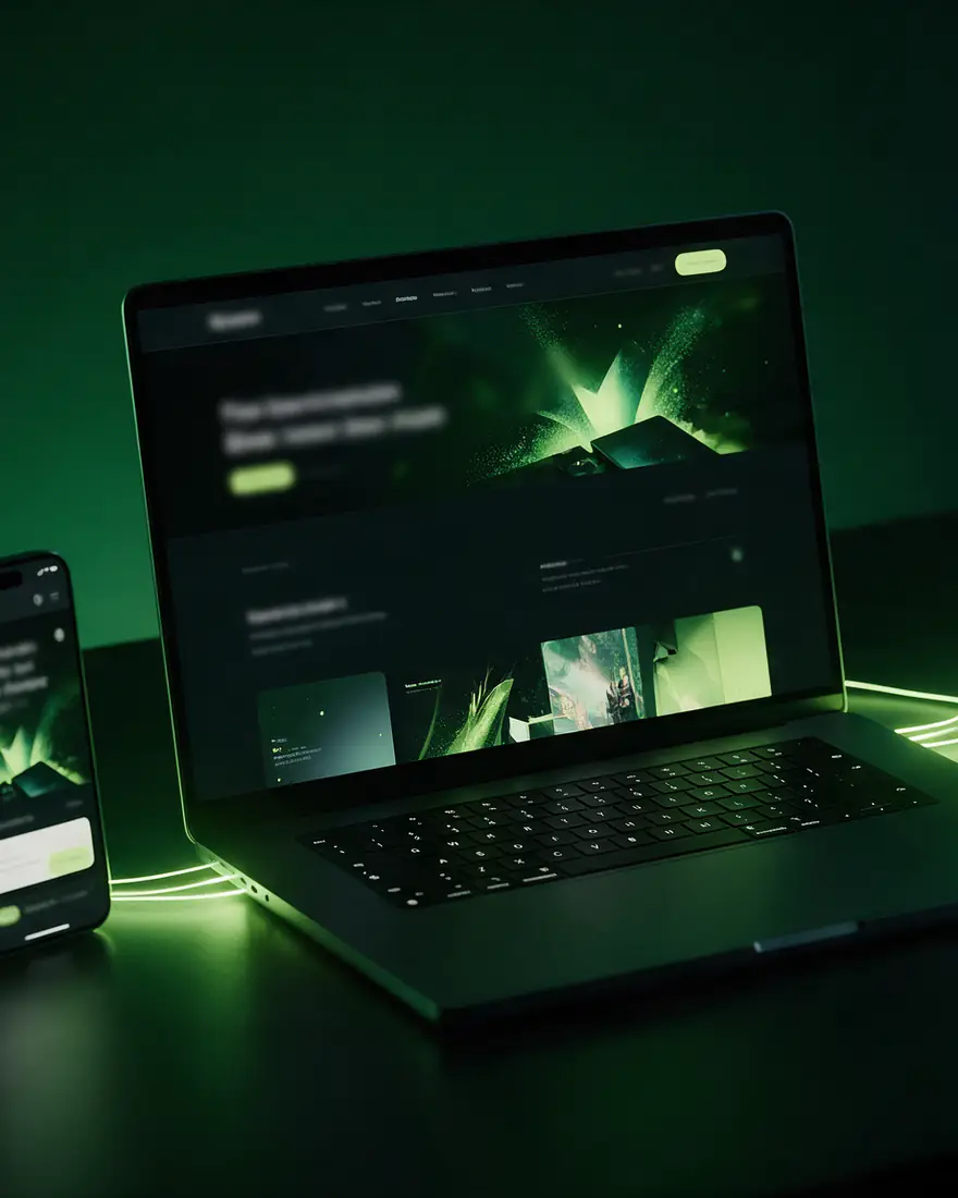 A laptop, phone and tablet on a dark desk, connected by green light trails: website, mobile site and analytics dashboard working as one system