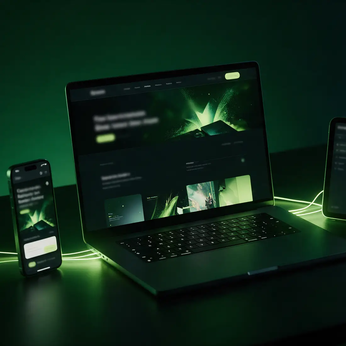 A laptop, phone and tablet on a dark desk, connected by green light trails: website, mobile site and analytics dashboard working as one system