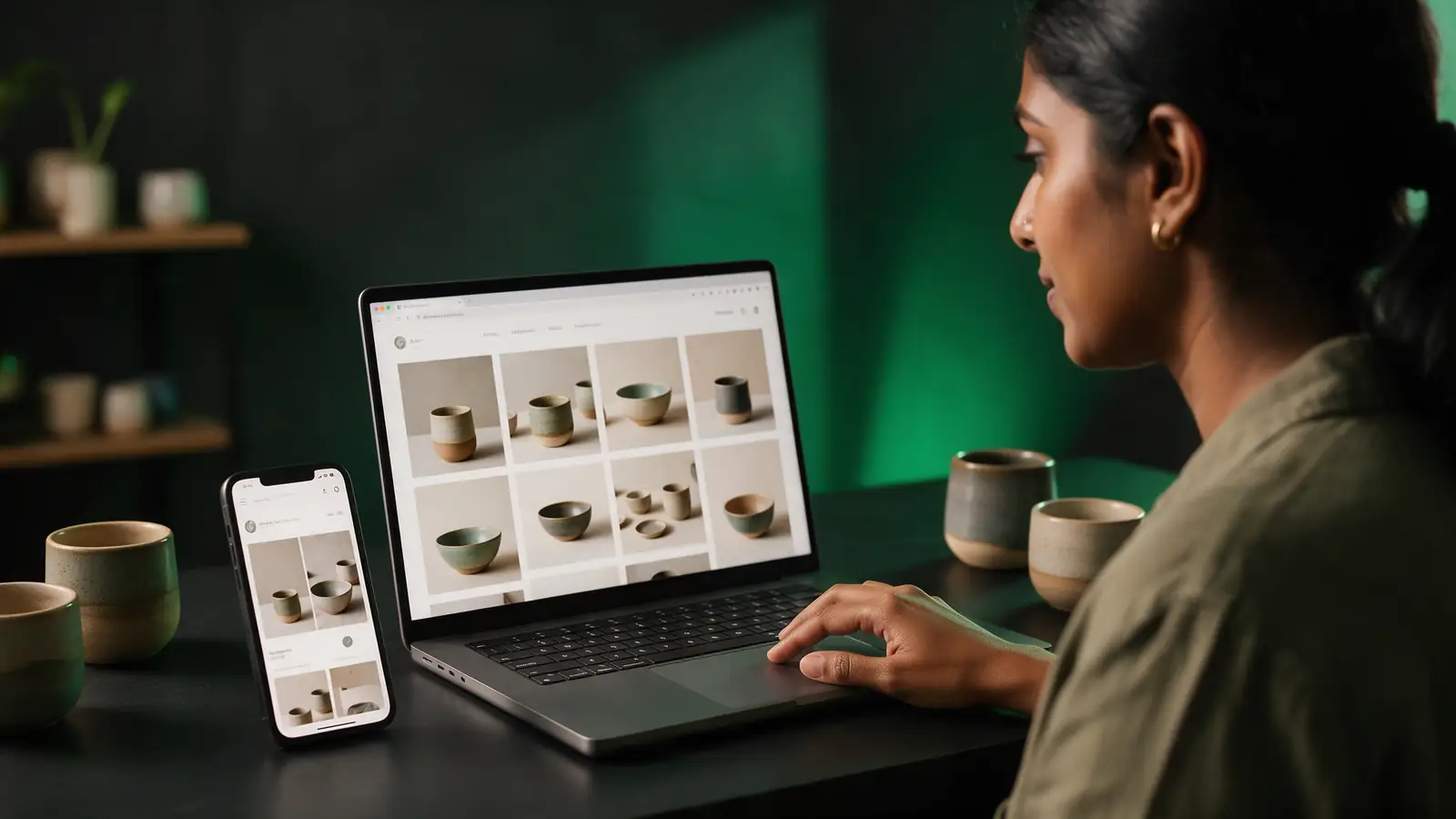 A ceramics brand owner reviewing her new online store on a laptop, the same store open on her phone